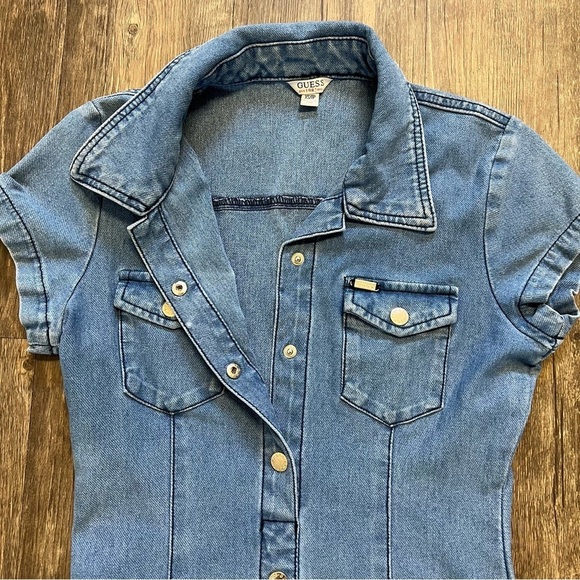 Guess Denim Mid Wash Fitted Short Sleeve Mini Dress Bodycon Stretch Size XS - Picture 9 of 14